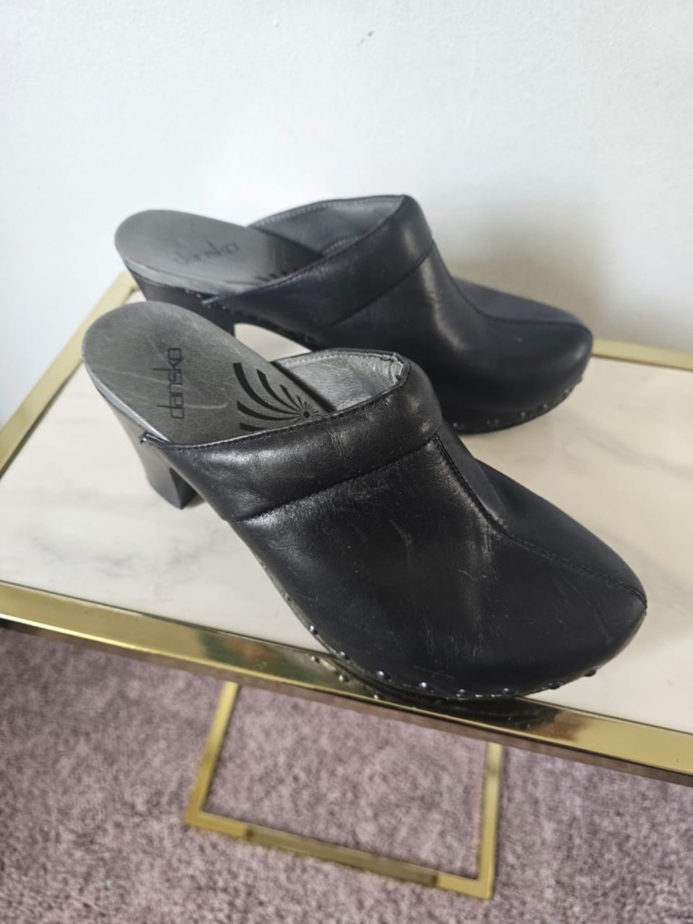 Dansko Rae Clog 38 EU Black Leather Studs Mules Heels Open Back.